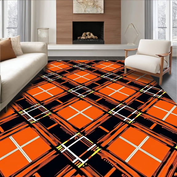 ODIKA 4'x6' Machine Washable Non-Slip Area Rug, Autumn Festival Interlocking Tartan Stripe Accent High Traffic Rug, Orange, 475018