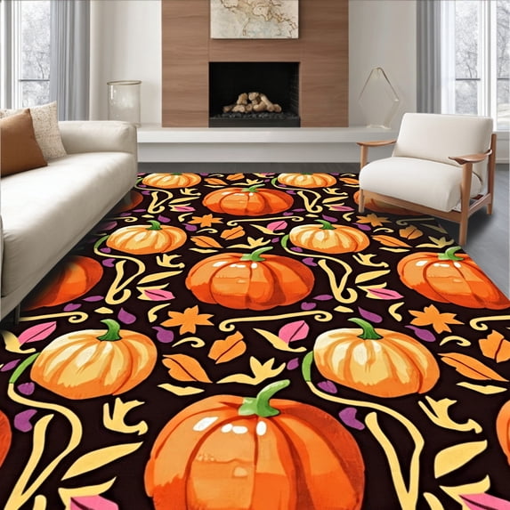ODIKA 4'x6' Machine Washable Non-Slip Area Rug, Autumn Gridiron Harvest Pumpkin Entrance Decoration High Traffic Rug, Orange, 603342