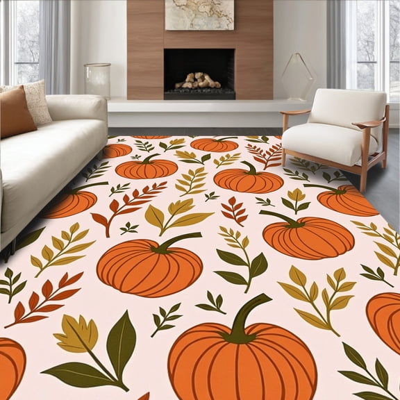 ODIKA 4'x6' Machine Washable Non-Slip Area Rug, Charming Fall Foliage with Pumpkin and Leaf Illustrations High Traffic Rug, Orange, 601671