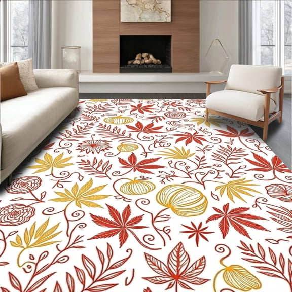 ODIKA 4'x6' Machine Washable Non-Slip Area Rug, Autumnal Symphony of Sprigs and Blooming Pumpkins High Traffic Rug, Red, 740546