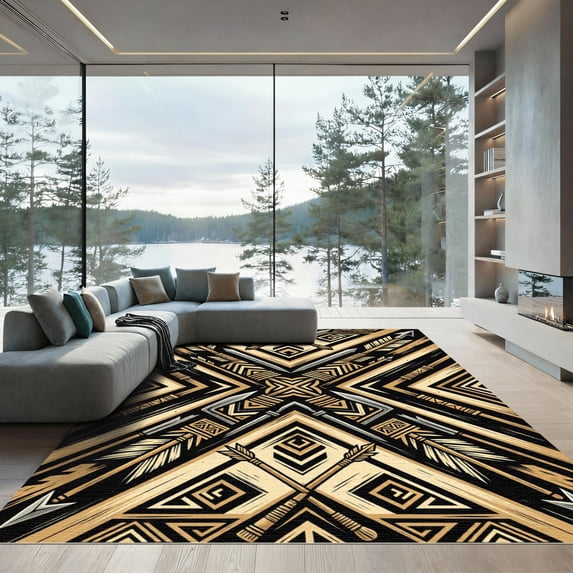 ODIKA 4'x6' Machine Washable Non-Slip Area Rug, Aztec Black High Traffic Rug, Black, 954615