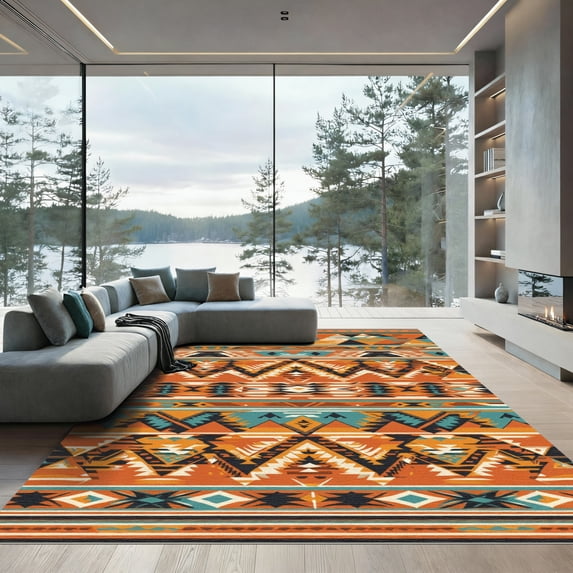 ODIKA 4'x6' Machine Washable Non-Slip Area Rug, Aztec Burnt Orange High Traffic Rug, Orange, 1081739