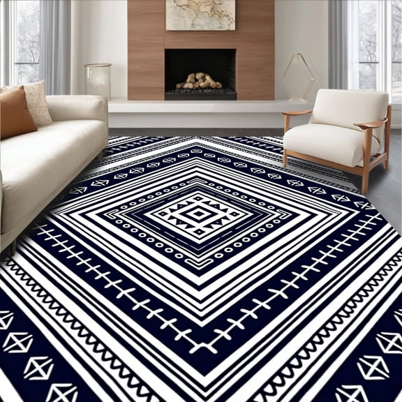 ODIKA 4'x6' Machine Washable Non-Slip Area Rug, Aztec Revival Interlocking Stripes Folk High Traffic Rug, Black, 716045