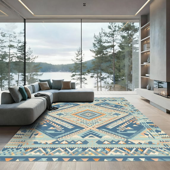 ODIKA 4x6 Machine Washable Non-Slip Area Rug, Aztec Teal High Traffic ...