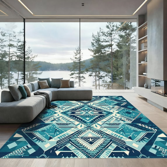 ODIKA 4x6 Machine Washable Non-Slip Area Rug, Aztec Teal High Traffic ...