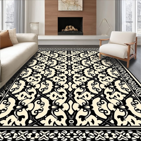 ODIKA 4'x6' Machine Washable Non-Slip Area Rug, Baroque Damask Lattice with Ornamental Details High Traffic Rug, Black, 477267