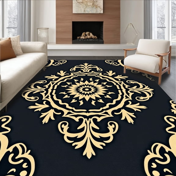 ODIKA 4'x6' Machine Washable Non-Slip Area Rug, Luxurious Medallion Ornate Symmetrical Vintage Inspired Artisan High Traffic Rug, Black, 524797
