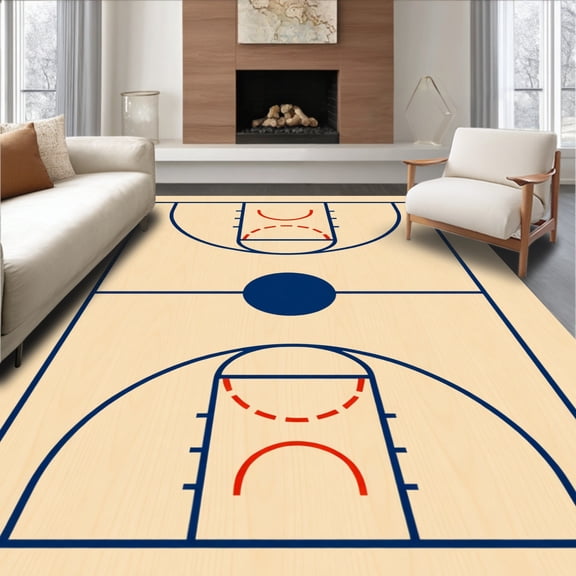 ODIKA 4'x6' Machine Washable Non-Slip Area Rug, Basketball Court Light Wood Floor And Lines High Traffic Rug, Beige, 841059