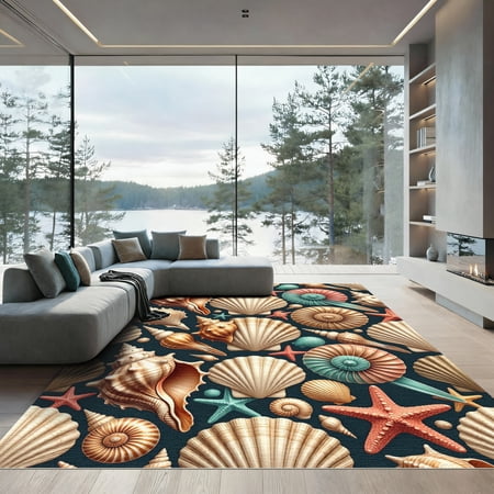 ODIKA 4'x6' Machine Washable Non-Slip Area Rug, Beachy Navy High Traffic Rug, Blue, 1017489