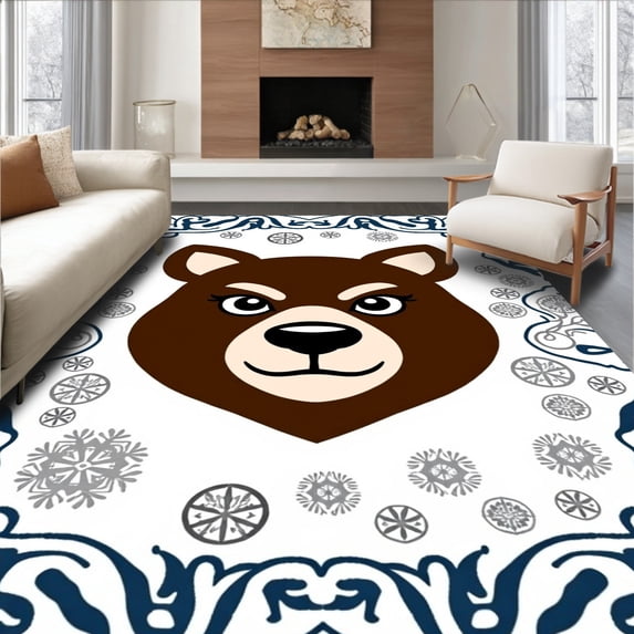 ODIKA 4'x6' Machine Washable Non-Slip Area Rug, Bear Portrait with Festive and Interlocking Nordic Snow High Traffic Rug, Brown, 650234