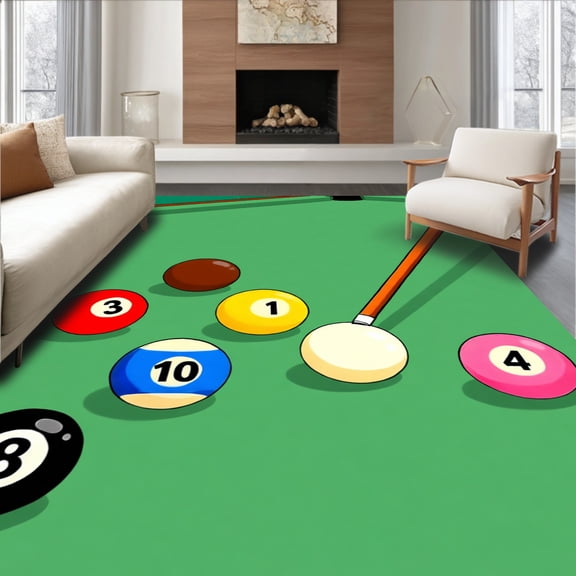 ODIKA 4'x6' Machine Washable Non-Slip Area Rug, Billiard Pool Table Cue Balls Rack High Traffic Rug, Green, 841082