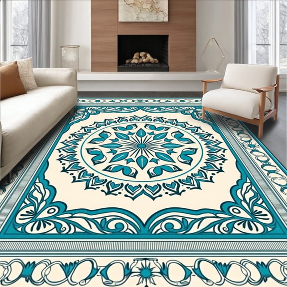 ODIKA 4'x6' Machine Washable Non-Slip Area Rug, Bloom Interlocking with Petal Spiral and Ornamental Vines High Traffic Rug, Beige, 715844