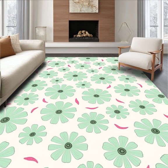 ODIKA 4'x6' Machine Washable Non-Slip Area Rug, Blooming Floral Petal Cascade Enchanted Garden Inspiration High Traffic Rug, Mint Green, 463498