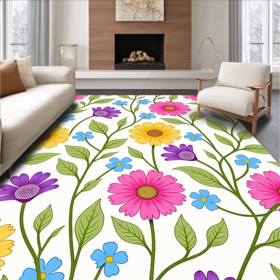ODIKA 4'x6' Machine Washable Non-Slip Area Rug, Blooming Garden Floral Vibrant Spring Festival Botanical High Traffic Rug, Pink, 419577