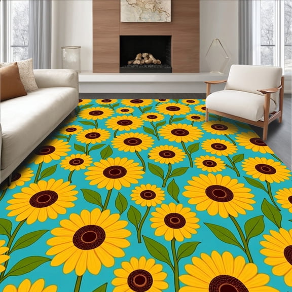 ODIKA 4'x6' Machine Washable Non-Slip Area Rug, Blooming Sunflower Field Motif with Botanical Floral High Traffic Rug, Blue, 466260