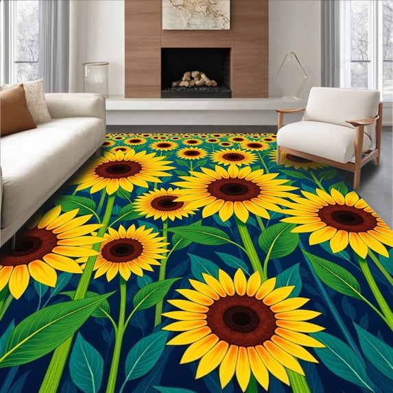 ODIKA 4'x6' Machine Washable Non-Slip Area Rug, Blooming Sunflower Field Motif with Botanical Floral Print High Traffic Rug with Pad, Yellow, 466243