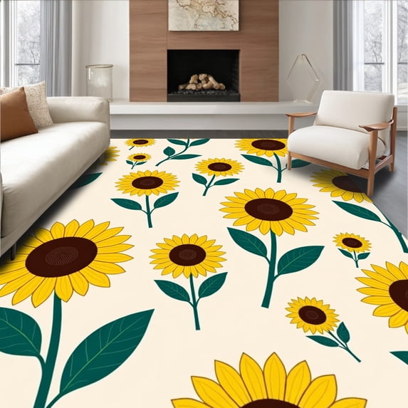 ODIKA 4'x6' Machine Washable Non-Slip Area Rug, Blooming Sunflower Garden Motif with Vibrant Petals Design High Traffic Rug, Yellow, 511427
