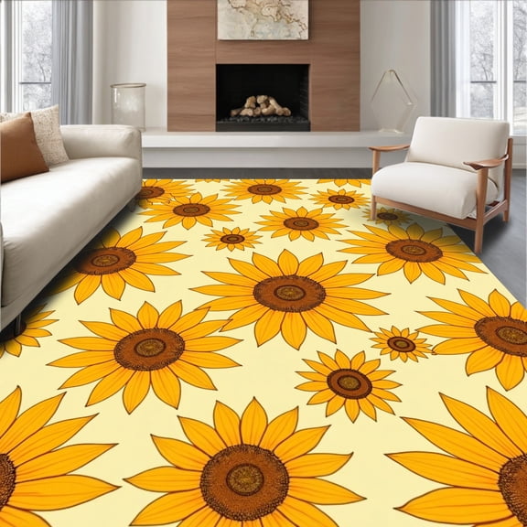 ODIKA 4'x6' Machine Washable Non-Slip Area Rug, Blooming Sunflower Meadow Artistic Whimsical Delicate Elegant High Traffic Rug, Yellow, 466255