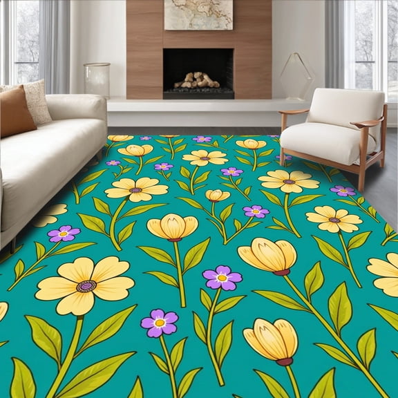 ODIKA 4x6 Machine Washable Non-Slip Area Rug, Blooming Wildflower Meadow Artistic Display High Traffic Rug, Teal, 473414