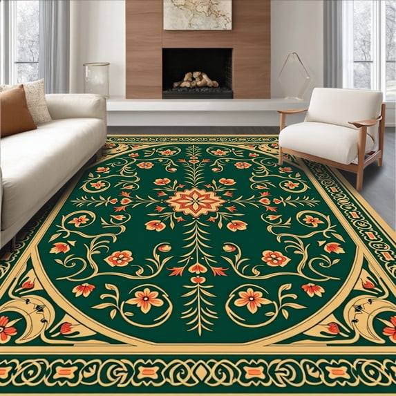 ODIKA 4'x6' Machine Washable Non-Slip Area Rug, Blossom Enchanted Mystical Ornamental Treasure High Traffic Rug with Pad, Green, 521561