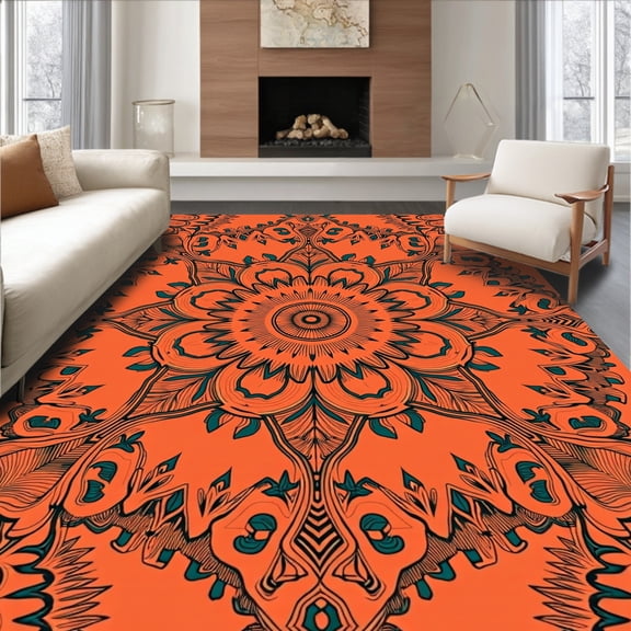 ODIKA 4'x6' Machine Washable Non-Slip Area Rug, Bohemian Floral Sunburst Eclectic Artistic High Traffic Rug, Orange, 556662