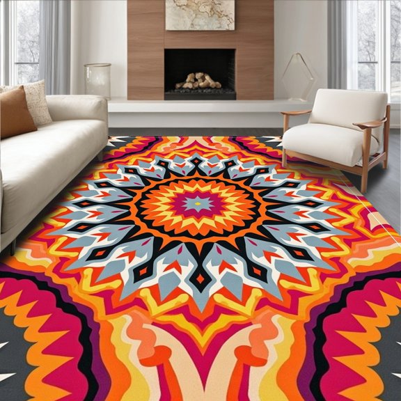 ODIKA 4'x6' Machine Washable Non-Slip Area Rug, Boho Abstract Swirl Medallion Motif with Distressed Watercolor Accents High Traffic Rug, Orange, 662713