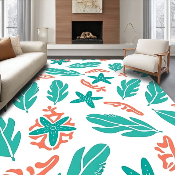 ODIKA 4'x6' Machine Washable Non-Slip Area Rug, Boho Beach Wave with Abstract Starfish and Sea Glass High Traffic Rug with Pad, Blue, 702317