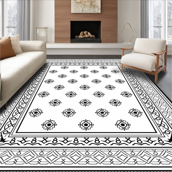 ODIKA 4'x6' Machine Washable Non-Slip Area Rug, Boho Eclectic Lattice Artisanal Luxurious High Traffic Rug, Black, 524785