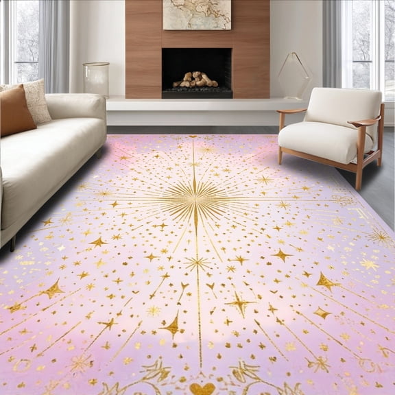 ODIKA 4'x6' Machine Washable Non-Slip Area Rug, Whimsical Starburst and Motif Design with Radiant Pastel Accents High Traffic Rug, Pink, 127227