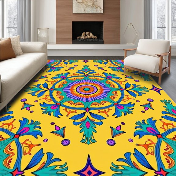 ODIKA 4'x6' Machine Washable Non-Slip Area Rug, Boho Medallion Artisan Decorative Flooring High Traffic Rug, Yellow, 498404
