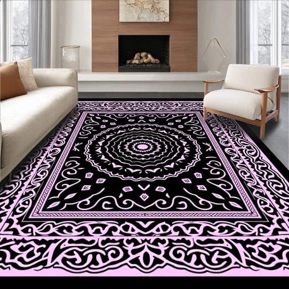 ODIKA 4'x6' Machine Washable Non-Slip Area Rug, Boho Medallion Ornamental Motif with Delicate High Traffic Rug, Pink, 730932