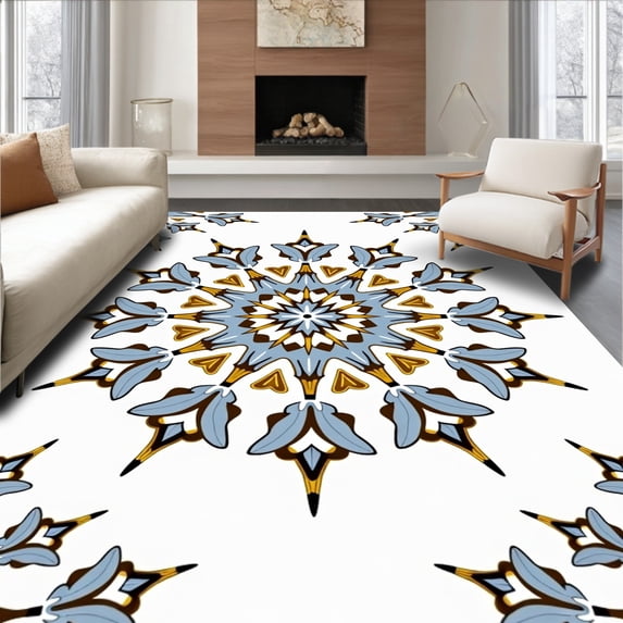 ODIKA 4'x6' Machine Washable Non-Slip Area Rug, Boho Medallion Sunburst Radiant Expressive Artisan High Traffic Rug, Blue, 489426