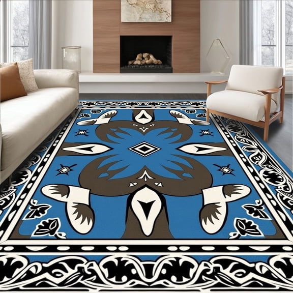 ODIKA 4'x6' Machine Washable Non-Slip Area Rug, Boho Mosaic Interlocking Ornamental Artisan Handwoven High Traffic Rug, Blue, 579502