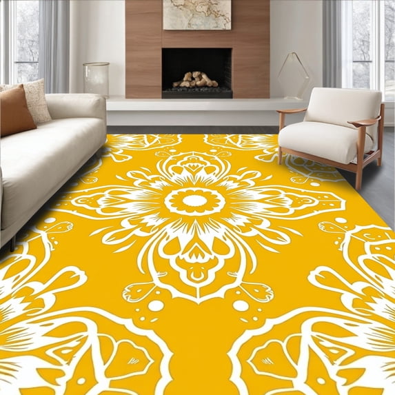 ODIKA 4'x6' Machine Washable Non-Slip Area Rug, Boho with Ornate Feathered Motifs and Delicate Dot Embellishments High Traffic Rug with Pad, Yellow, 466251