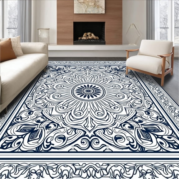 ODIKA 4'x6' Machine Washable Non-Slip Area Rug, Boho Pathway with Interlocking Vintage Scrollwork High Traffic Rug, Blue, 658391