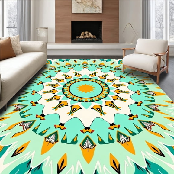 ODIKA 4'x6' Machine Washable Non-Slip Area Rug, Boho Sunburst Medallion with Stylized Leaf Details High Traffic Rug, Turquoise, 463509