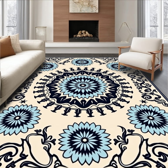 ODIKA 4'x6' Machine Washable Non-Slip Area Rug, Boho Vintage Medallion Interlocking Floral Motifs Design High Traffic Rug, Beige, 549450
