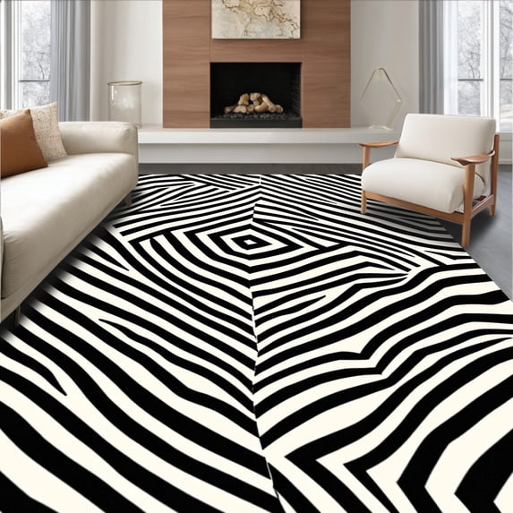 ODIKA 4'x6' Machine Washable Non-Slip Area Rug, Boho Zigzag Inspired High Traffic Rug with Pad, Black, 661235