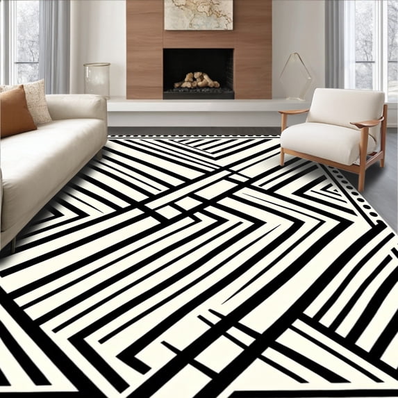 ODIKA 4'x6' Machine Washable Non-Slip Area Rug, Bold Artistry Featuring Asymmetric Zigzag Bands High Traffic Rug, Black, 527199