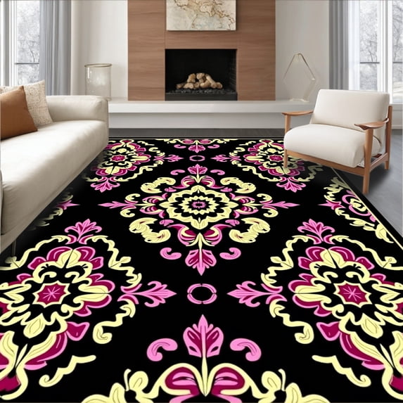 ODIKA 4'x6' Machine Washable Non-Slip Area Rug, Bold Floral Damask High Traffic Rug with Pad, Black, 336989