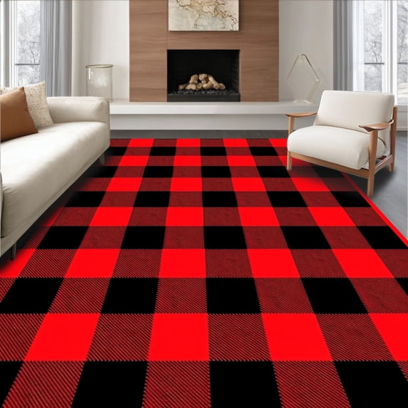 ODIKA 4'x6' Machine Washable Non-Slip Area Rug, Bold Interlocking Buffalo Plaid With Contrasting Dark Highlights High Traffic Rug, Red, 610536
