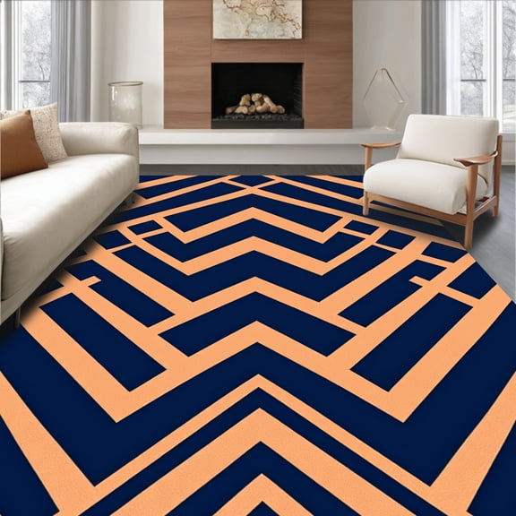 ODIKA 4'x6' Machine Washable Non-Slip Area Rug, Bold Interlocking Stripes with Navy and Copper Contrast High Traffic Rug, Blue, 618723