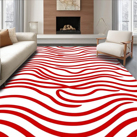 ODIKA 4'x6' Machine Washable Non-Slip Area Rug, Bold Waves Featuring Dynamic Crimson and Stripes High Traffic Rug, Red, 717864