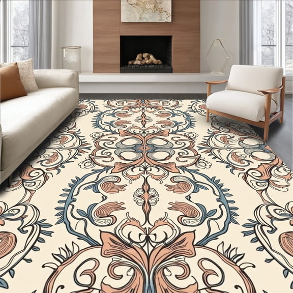 ODIKA 4'x6' Machine Washable Non-Slip Area Rug, Botanical Damask Scroll with Ornate Flourishes High Traffic Rug, Ivory, 547063