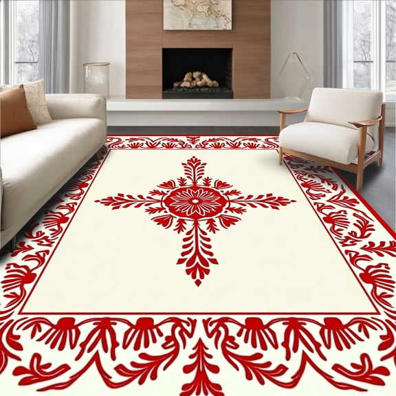 ODIKA 4'x6' Machine Washable Non-Slip Area Rug, Botanical Flourish With Elegant Symmetrical Motifs High Traffic Rug, Red, 662724