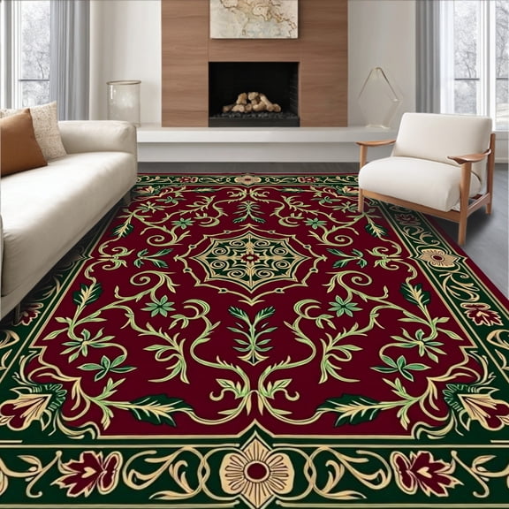 ODIKA 4'x6' Machine Washable Non-Slip Area Rug, Botanical Garden Labyrinth Maze High Traffic Rug, Burgundy, 664316