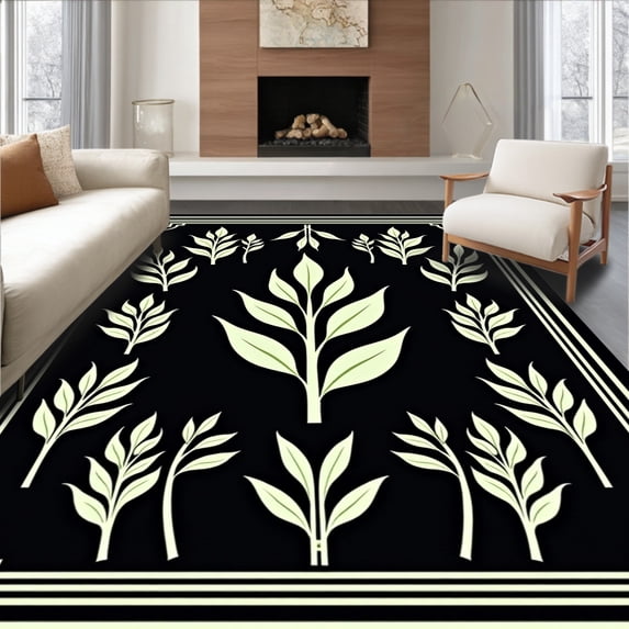 ODIKA 4'x6' Machine Washable Non-Slip Area Rug, Botanical Leaf Array with Art Influence High Traffic Rug with Pad, Black, 595665