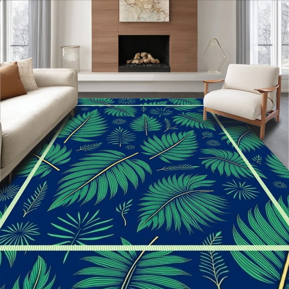 ODIKA 4'x6' Machine Washable Non-Slip Area Rug, Botanical Leaf Print with Tropical Foliage Arrangement High Traffic Rug, Blue, 476941