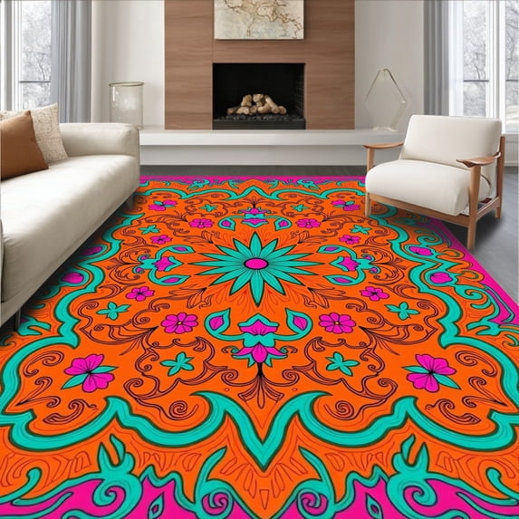 ODIKA 4'x6' Machine Washable Non-Slip Area Rug, Botanical Medallion Motif with Interlocking Vine and Blossom Accents High Traffic Rug, Orange, 558916