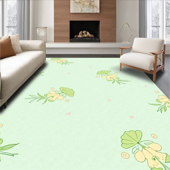 ODIKA 4'x6' Machine Washable Non-Slip Area Rug, Botanical Medley Petal Motif with Whimsical Swirl Accents High Traffic Rug, Green, 463506